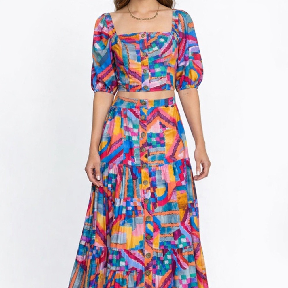 Johnny Was Summer Daydream Poplin Skirt & Crop‎ Top Set Boho Patchwork S
